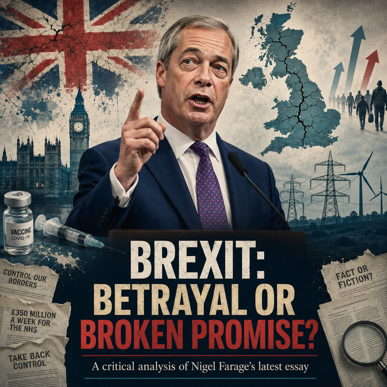 Political analysis graphic of Nigel Farage with Brexit-related symbols including a cracked UK map, Parliament, vaccine vial, migration arrows and energy infrastructure. Text reads: “Brexit: Betrayal or Broken Promise?”